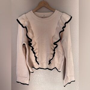 NWT ENTRO | ANTHROPOLOGIE Cream Ruffle Knit Sweater Black Trim Size M
